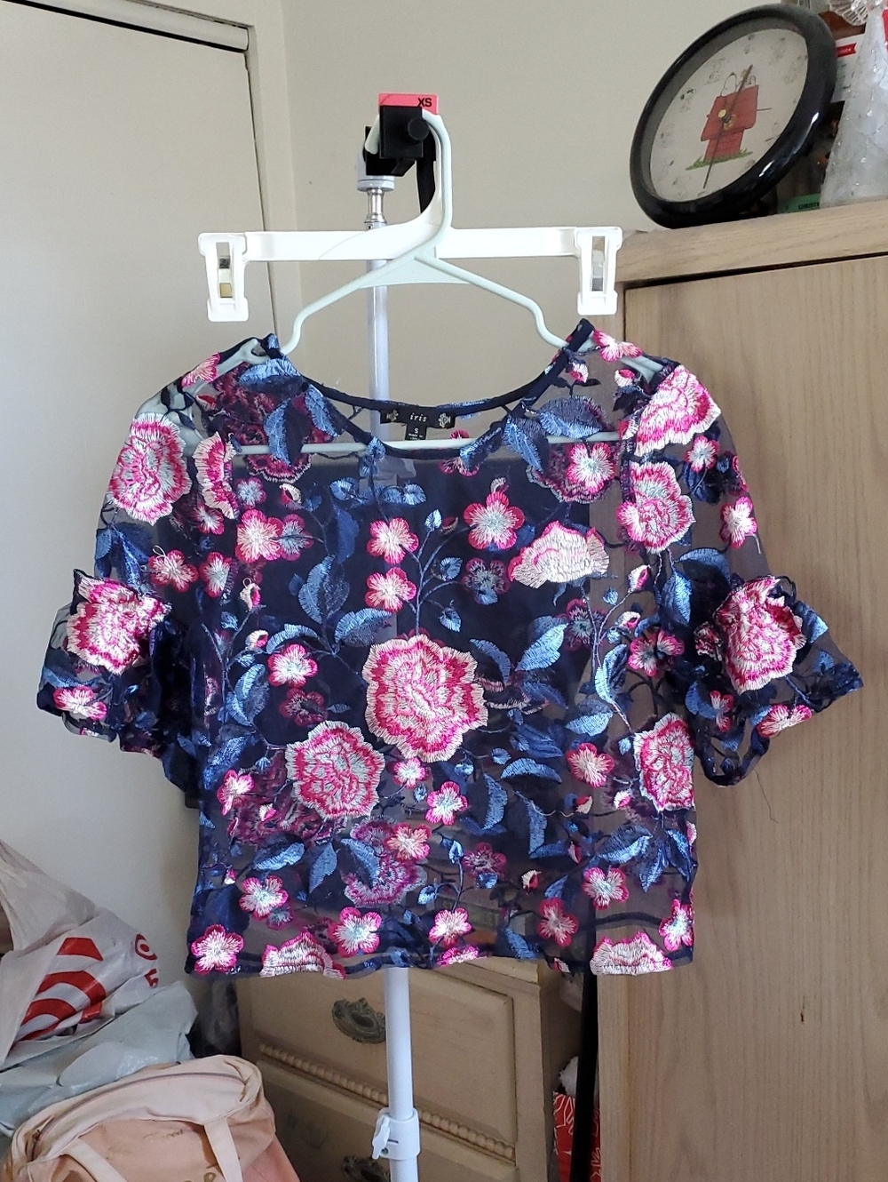 Iris Blue Pink Floral Sheer Embroidered Cropped Blouse Size S